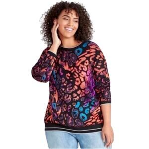 RACHEL ROY Rikki Sweater Leopard Animal Knit Bright Neon Black Orange Purple S